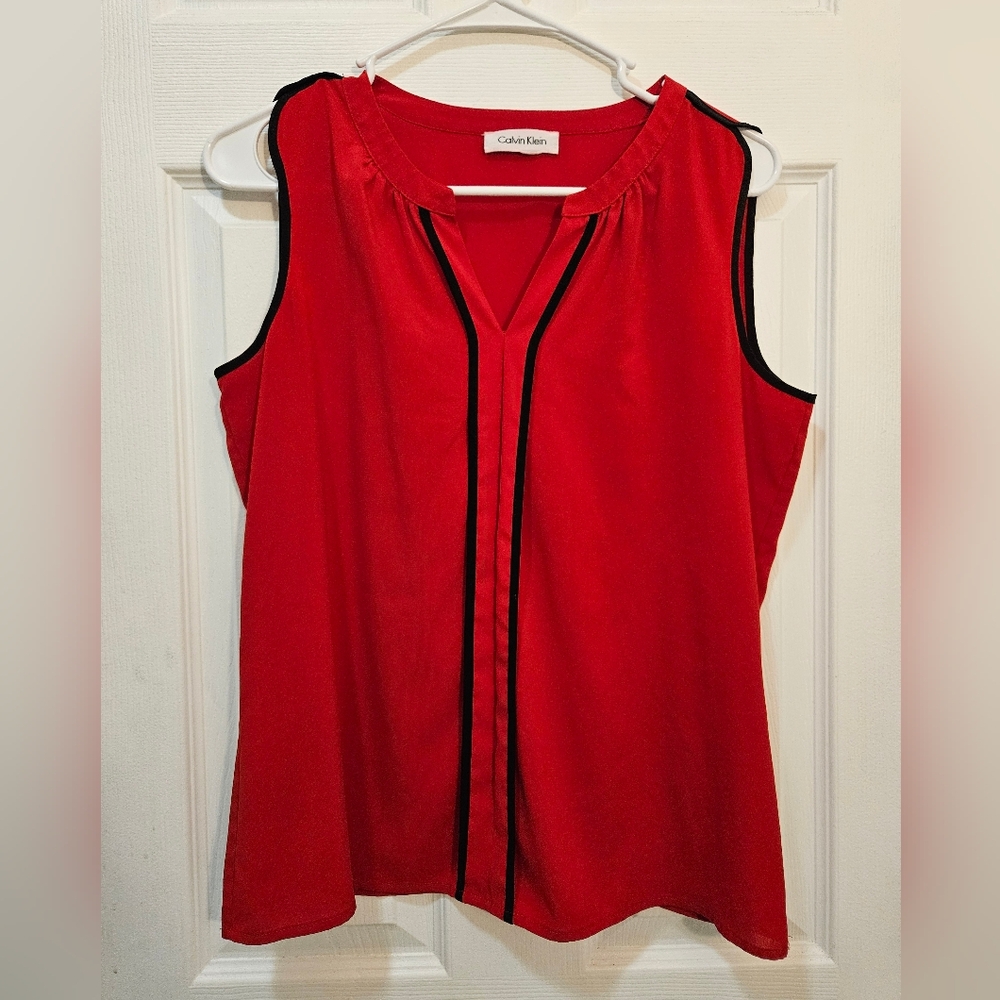 Calvin Klein Red and Black Trim Sleeveless Blouse